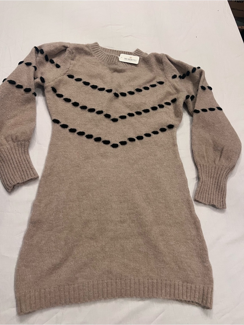 Lush Beige/Black Knit Crew Neck Puff Long Sleeve Pullover Sweater Dress Womens S